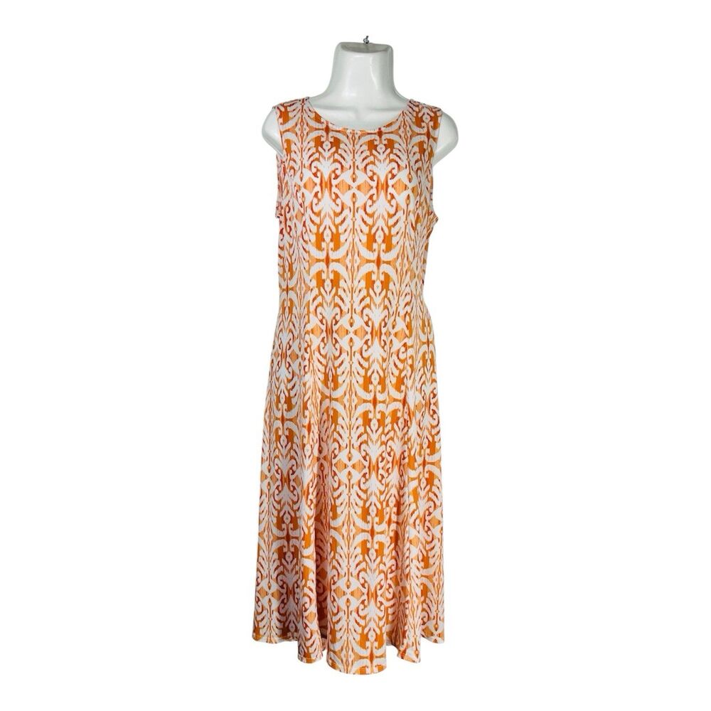 Danny & Nicole Large Sleeveless Dress Orange Ikat Print Scoop Neck Midi Summer